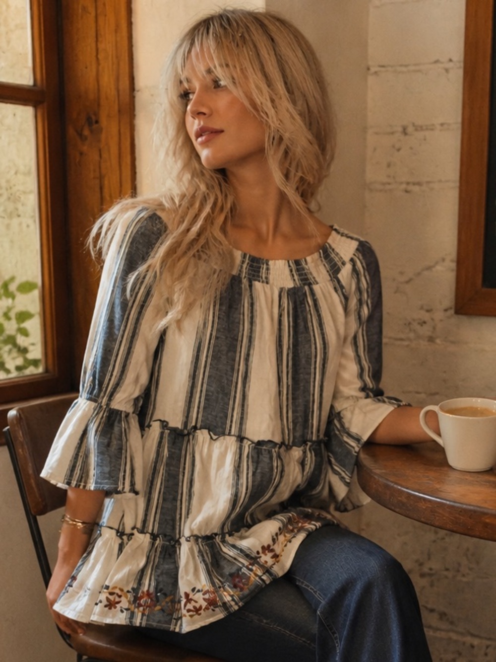 Knox Rose Boho Peasant Top – Tiered Layered Ruffle Edge Embroidery, Size Medium